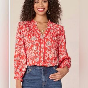 Democracy Poppy Red Multi Print 3/4 sleeve button down blouse size Medium NWT